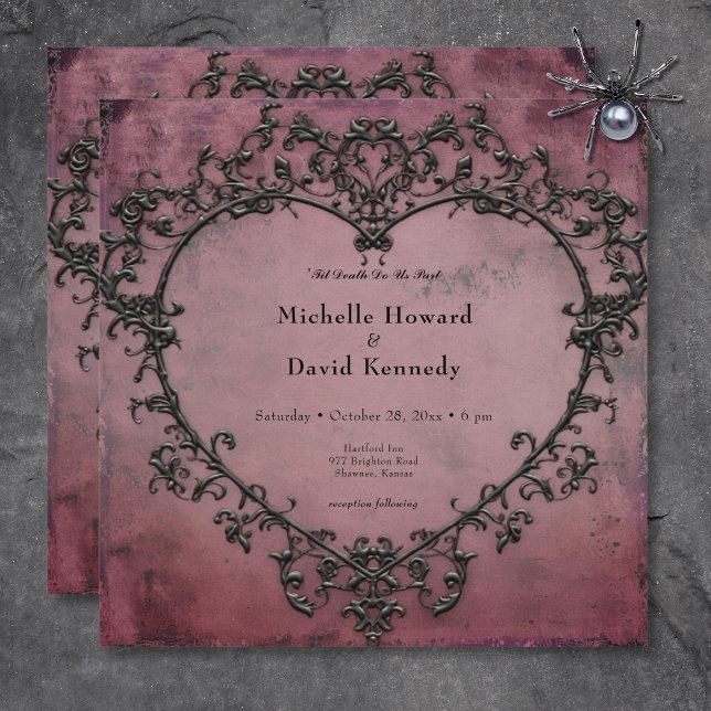 Invitation Mariage cardiaque gothique noir et bordeaux (Gothic Black & Burgundy Filigree Heart Wedding Invitation)