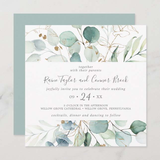 Invitation Mariage Carré Airy Greenery et Gold Leaf (Devant / Derrière)