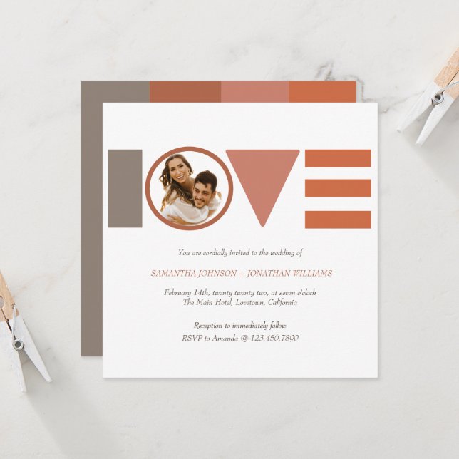 Invitation Mariage Carré Bauhaus Love strié (Devant/Arrière en situation)