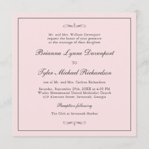 Invitation Mariage Carré classique simple Elegance Blush Pink