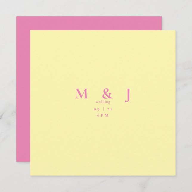 Invitation Mariage Carré contemporain rose et jaune (Devant / Derrière)