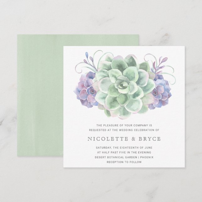 Invitation Mariage Carré de bouquet Succulent vert et violet (Devant / Derrière)