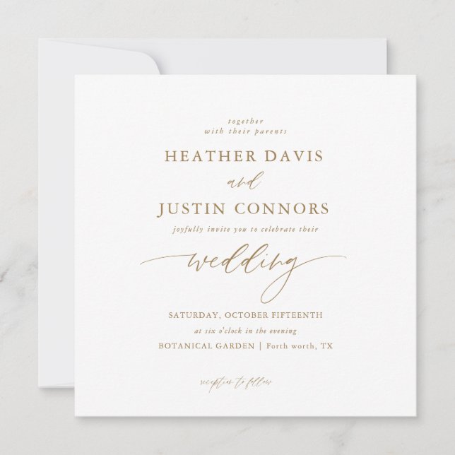 Invitation Mariage Carré de calligraphie or rustique (Devant)