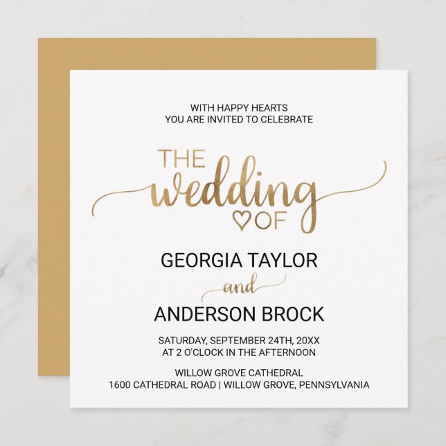 Invitation Mariage Carré de calligraphie or simple (Devant / Derrière)