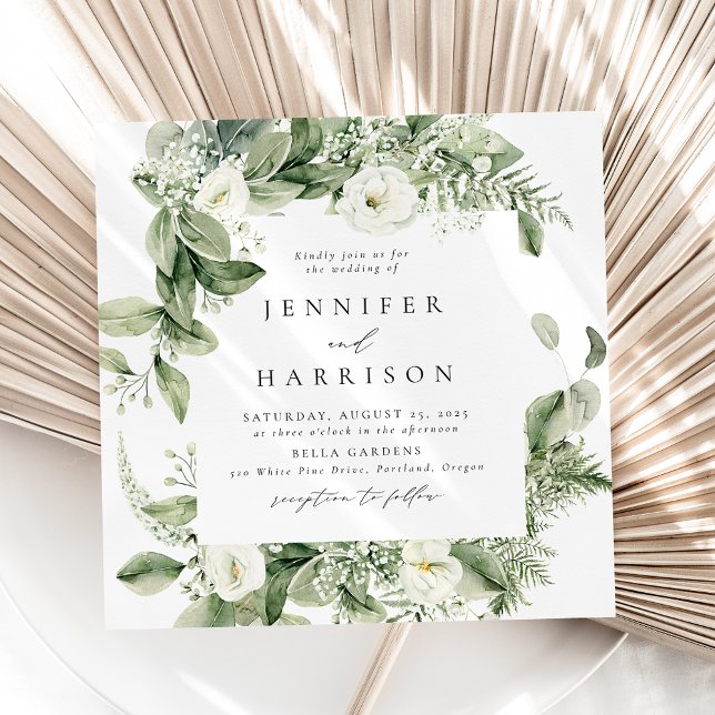 Invitation Mariage carré de fleurs blanches luxuriantes et de (Créateur téléchargé)