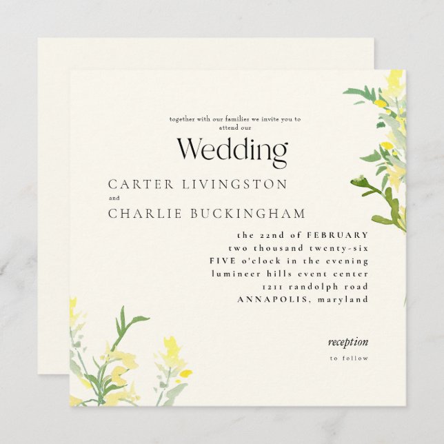 Invitation Mariage Carré de Monogramme II Fleur sauvage jaune (Devant / Derrière)