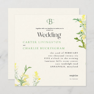 Invitation Mariage Carré de Monogrammes Fleurs sauvages jaune