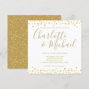 Invitation Mariage Carré de Script de Confettis à Cœurs Dorés