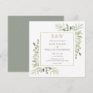 Invitation Mariage carré de verdure de monogramme doré