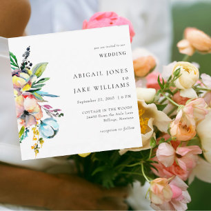 Invitation Mariage Carré Floral Aquarelle Coloré Été