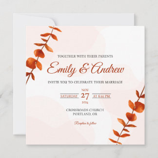 Invitation Mariage Carré Floral Aquarelle Tige de Feuille Rou
