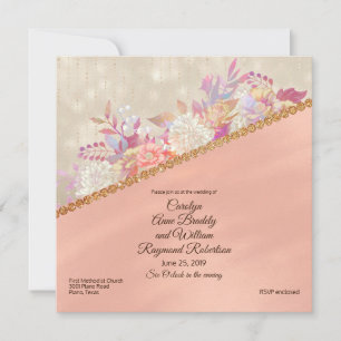 Invitation Mariage carré floral en ivoire perlé et corail dor