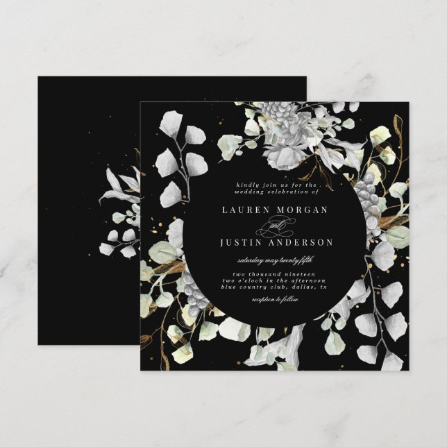 Invitation mariage carré floral or argent dramatique (Devant / Derrière)