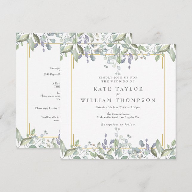 Invitation Mariage carré floral vert tout en un (Devant / Derrière)
