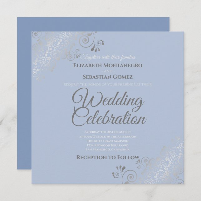 Invitation Mariage Carré gris bleu élégant Silver Filigree (Devant / Derrière)