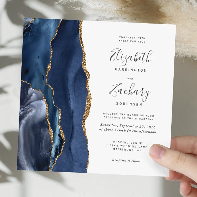 Invitation Mariage Carré Moderne Agate Or Bleu Marine (Créateur téléchargé)