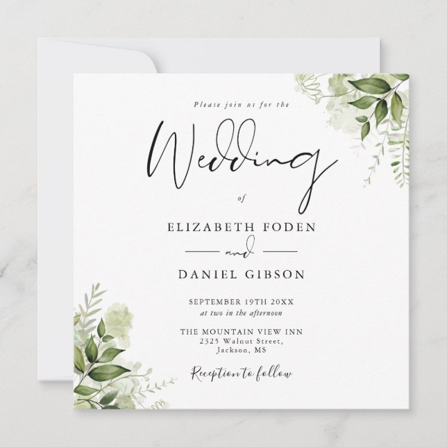 Invitation Mariage Carré Monogramme Feuillage Végétal Rustiqu (Devant)