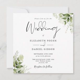 Invitation Mariage Carré Monogramme Feuillage Végétal Rustiqu