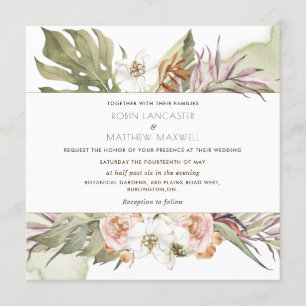 Invitation Mariage Carré vert fleuri à feuilles de palme trop