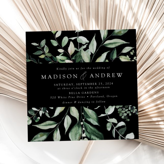 Invitation Mariage Carré Vert Luxuriant Noir (Créateur téléchargé)