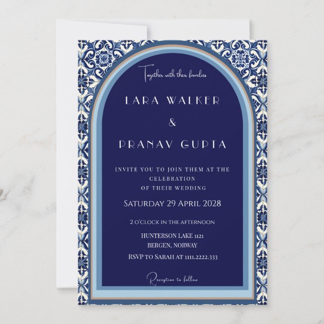 Invitation Mariage Carreau Espagnol Bleu Classique  (Devant)