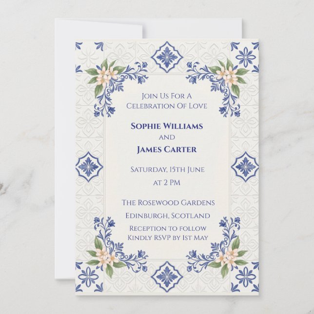 Invitation Mariage carreau folklorique bleu (Devant)