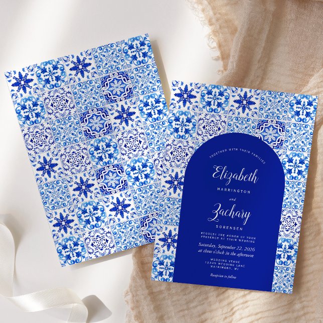 Invitation Mariage Carreau Portugais Arc Bleu Rustique (Créateur téléchargé)