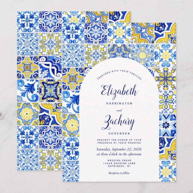 Invitation Mariage Carreau Portugais Arc Jaune Bleu Rustique (Devant / Derrière)