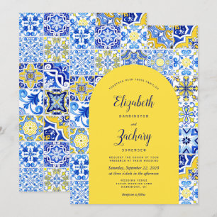 Invitation Mariage Carreau Portugais Arc Jaune Bleu Rustique