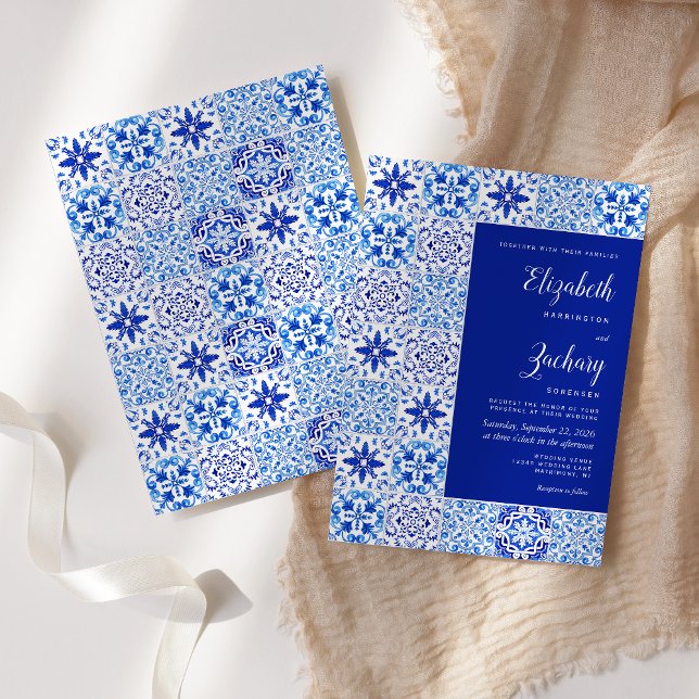 Invitation Mariage Carreau Portugais Bleu Rustique (Créateur téléchargé)