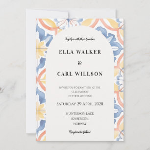Invitation Mariage Carreaux Italiens Jaune Bleu Orange Gras