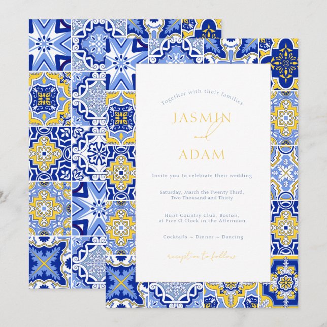 Invitation Mariage Carrelage Bleu Méditerranéen (Devant / Derrière)