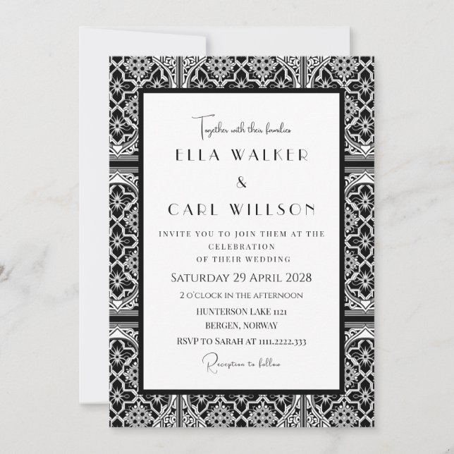 Invitation Mariage Carrelage Gothique Noir Et Blanc Luxueux (Devant)