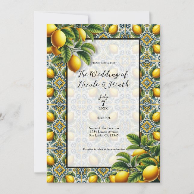Invitation Mariage carrelage méditerranéen Capri jaune bleu c (Devant)