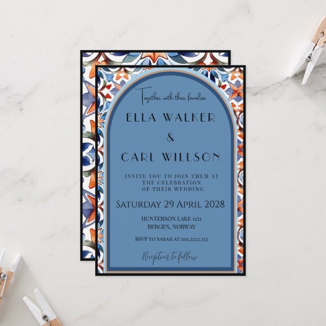 Invitation Mariage Carrelé Chic et Bleu Clair (Devant/Arrière en situation)