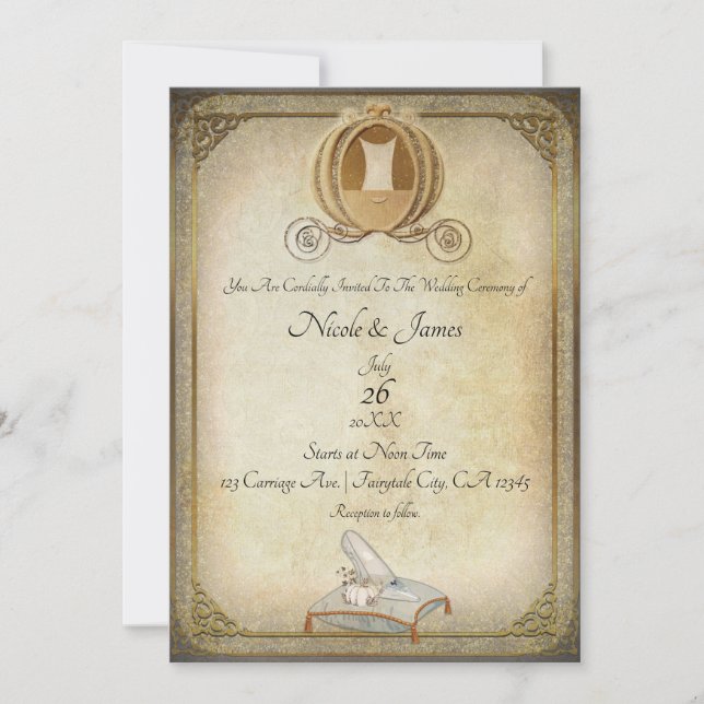 Invitation Mariage Carrosse de Cendrillon & Pantoufle Vintage (Devant)