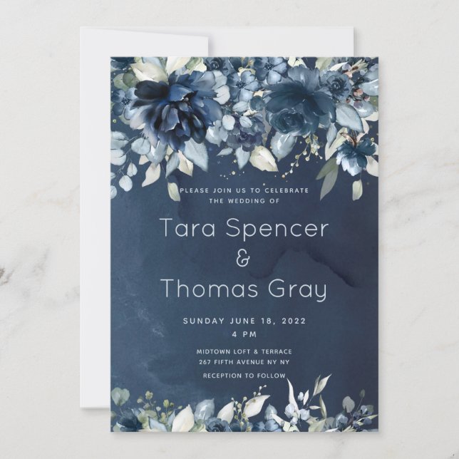 Invitation Mariage Cascading Navy Blue Peonies (Devant)