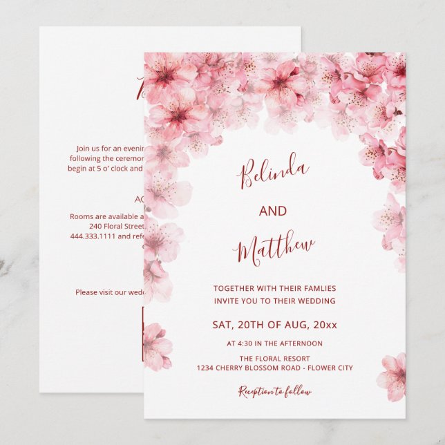 Invitation Mariage Casual Arché Blanc Fleur de Cerisier (Devant / Derrière)