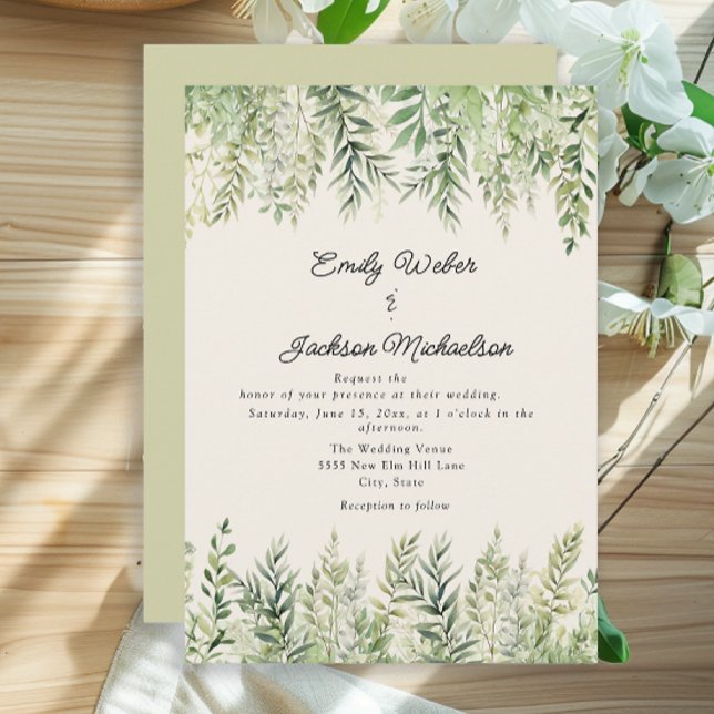 Invitation Mariage Casual Feuilles Vertes Aquarelle (Elegant greenery wedding invitation)