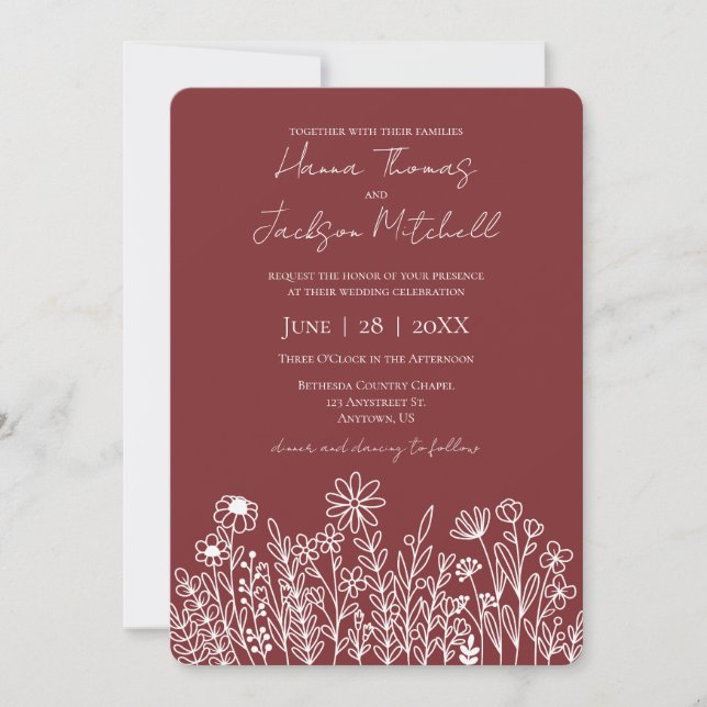 Invitation Mariage Casual Rustique Rouge Vin Doodle Floral (Devant)