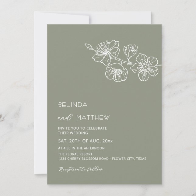 Invitation Mariage Casual Vert Sauge Fleurs Blanches (Devant)