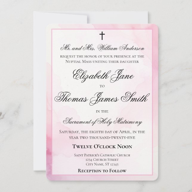 Invitation Mariage Catholique à l'aquarelle rose et blanc (Devant)