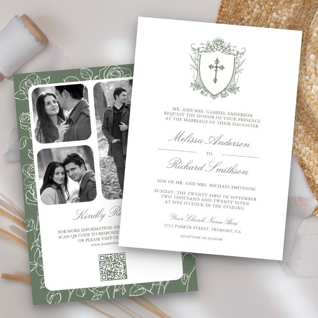 Invitation Mariage catholique avec code QR de couleur vert sa (Créateur téléchargé)