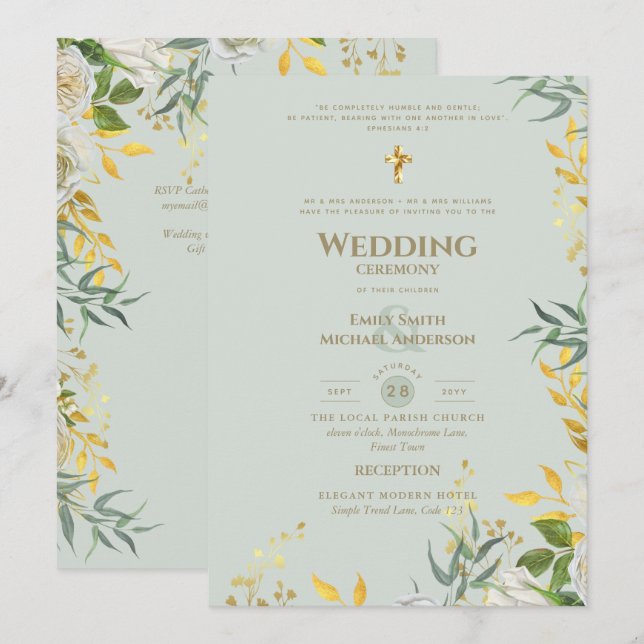 Invitation Mariage Catholique avec Décoration de Verdure de S (Devant / Derrière)