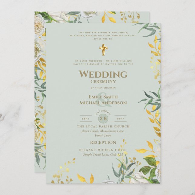 Invitation Mariage Catholique avec décoration végétale dorée  (Devant / Derrière)