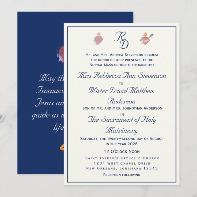 Invitation Mariage Catholique Deux Cœurs Bleu Marine (Devant / Derrière)