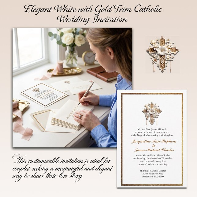 Invitation Mariage Catholique Élégant Blanc avec Garniture Do (Créateur téléchargé)