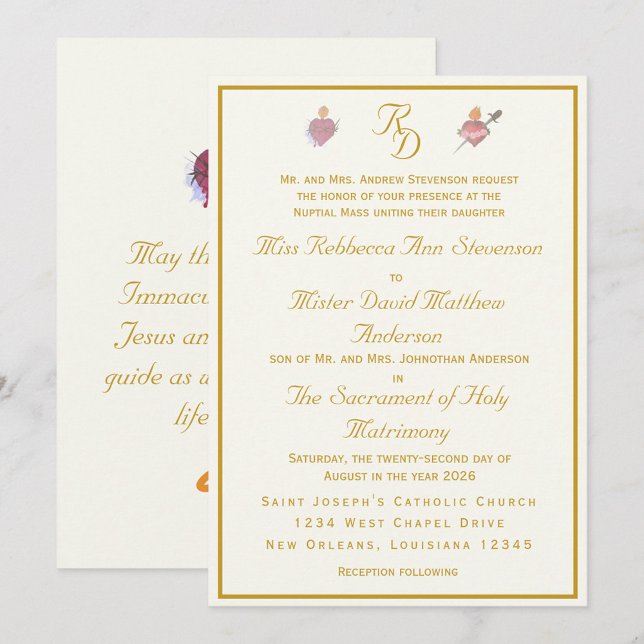 Invitation Mariage Catholique Élégant Crème Deux Cœurs (Créateur téléchargé)
