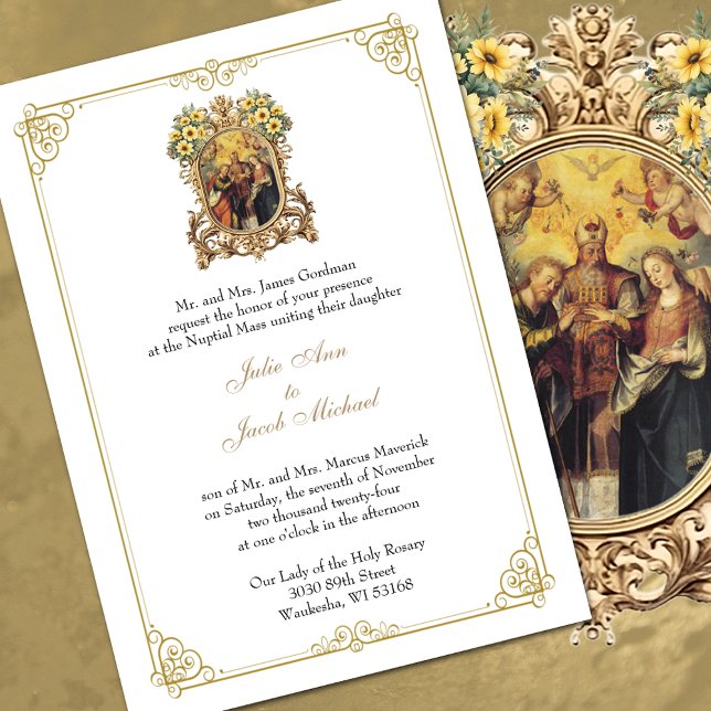 Invitation Mariage catholique élégant floral et or (Elegant Catholic Wedding Invitations - FREE SHIPPING available at checkout. )