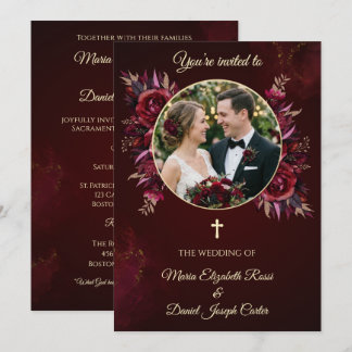 Invitation Mariage Catholique Floral Bourgogne avec Photo